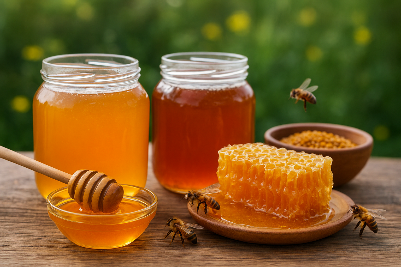 Different types of honey jars with honeycomb and flowers