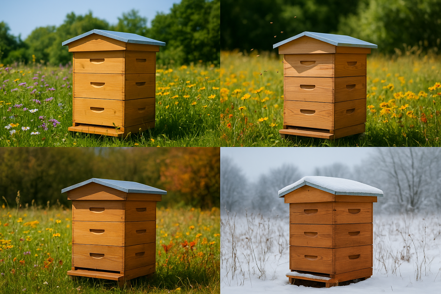 Seasonal hive management illustrated through spring, summer, fall, and winter beehive landscapes.
