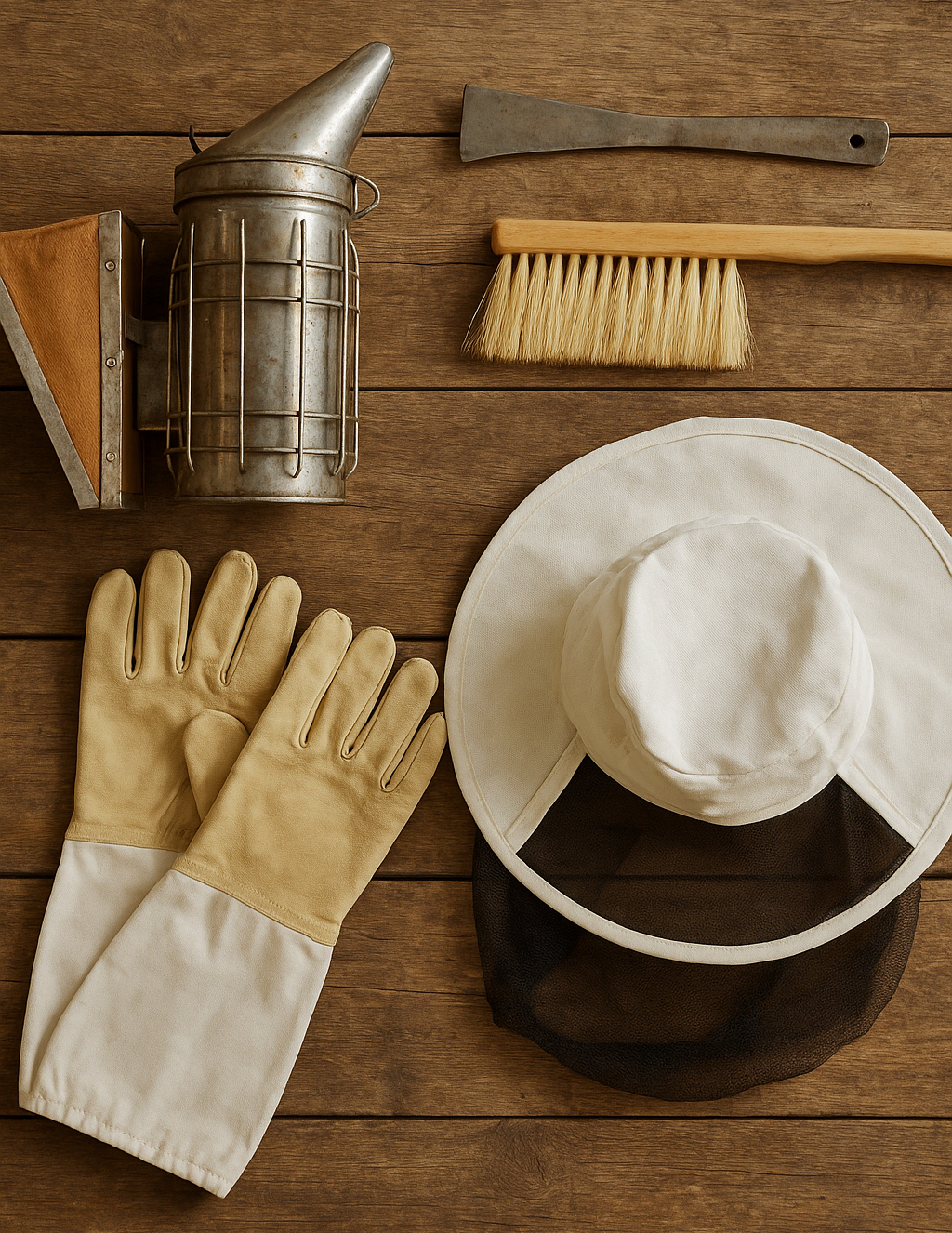 Essential beekeeping equipment including a stainless steel smoker and a J-hook hive tool ready for inspection.