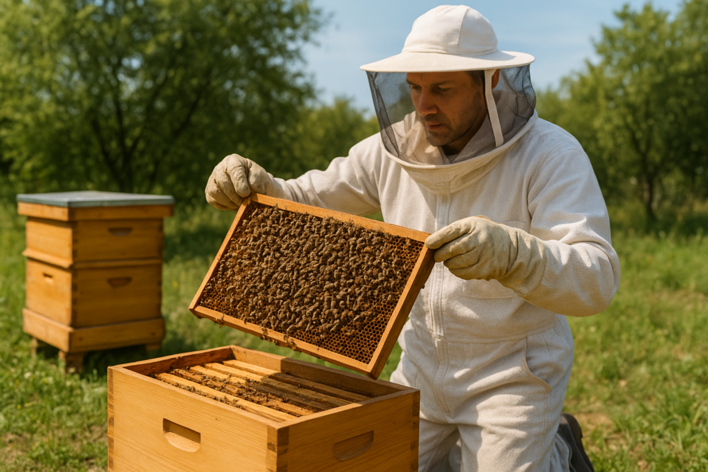 Beekeeper carefully moving brood frames to create a new split colony