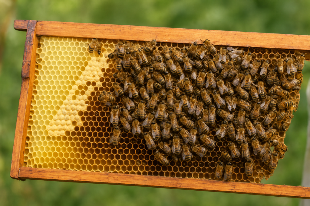 Frame of brood and honey in a strong hive, indicating readiness for splitting.