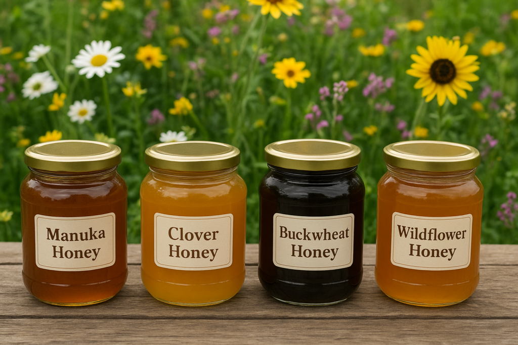 Jars of manuka, clover, buckwheat, and wildflower honey arranged among flowers on a natural background in a sunny setting