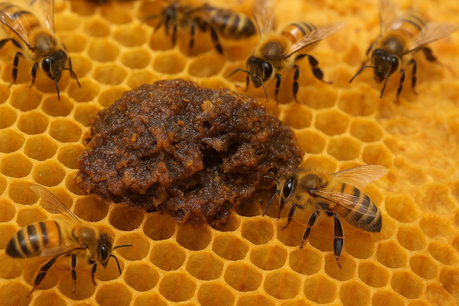 Close-up of raw propolis on a wooden honeycomb frame with honeybees working nearby