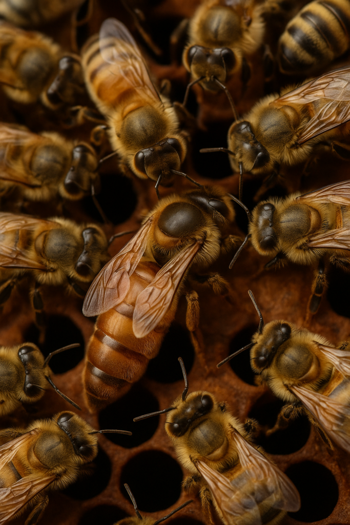 Queen bee surrounded by worker bees on a brood frame