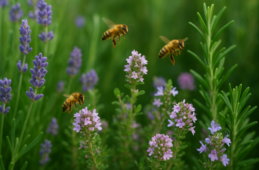 A diverse pollinator garden full of colorful bee-friendly plants and flowers attracting multiple honey bees