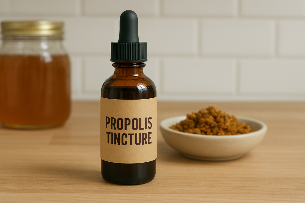 "Propolis tincture in a glass bottle, natural remedy for immune support."