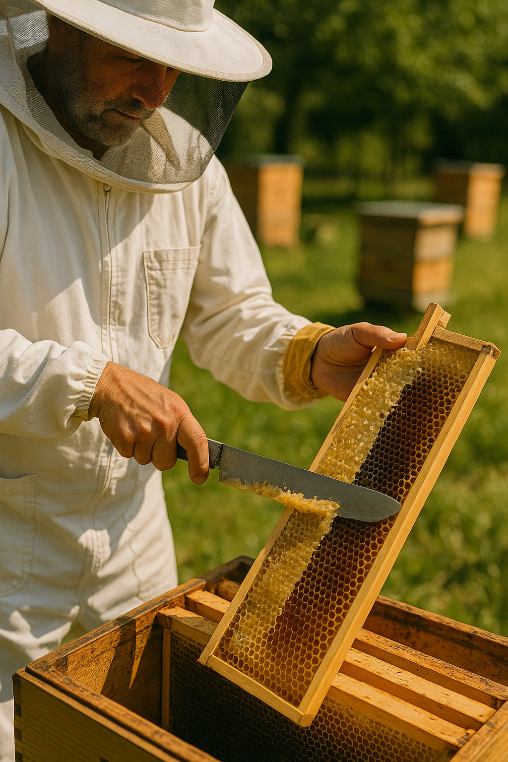 Beekeeper harvesting fresh beeswax from honeycomb frames on a sunny day