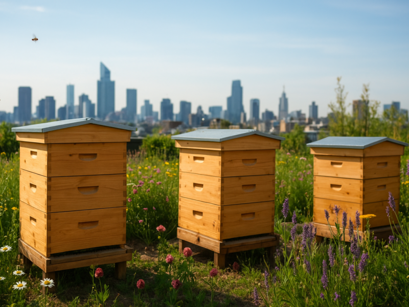Rooftop beehives surrounded by flowers with a city skyline in the background