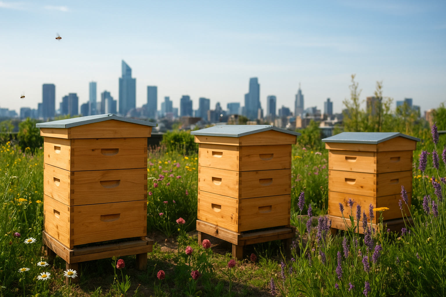 Rooftop beehives surrounded by flowers with a city skyline in the background