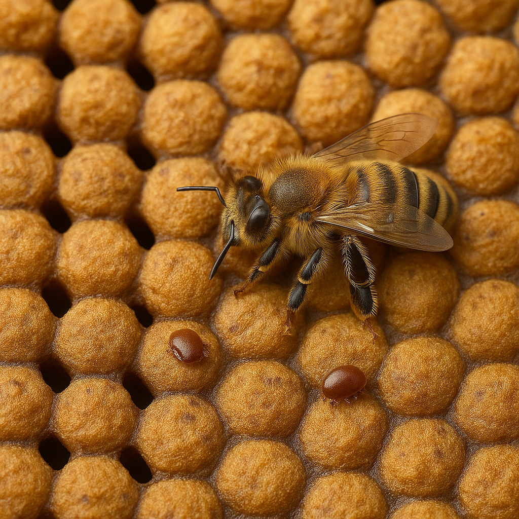 Close-up view of honeybee brood comb with Varroa mites visible on cells
