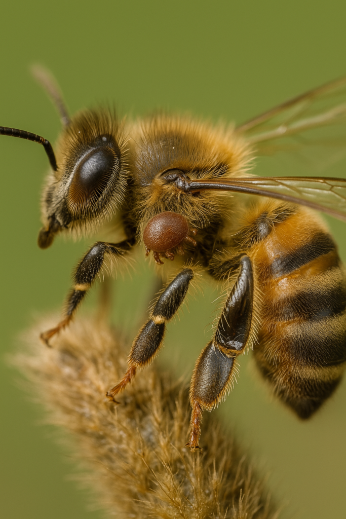 Close-up macro photograph showing a Varroa mite on a honeybee’s body