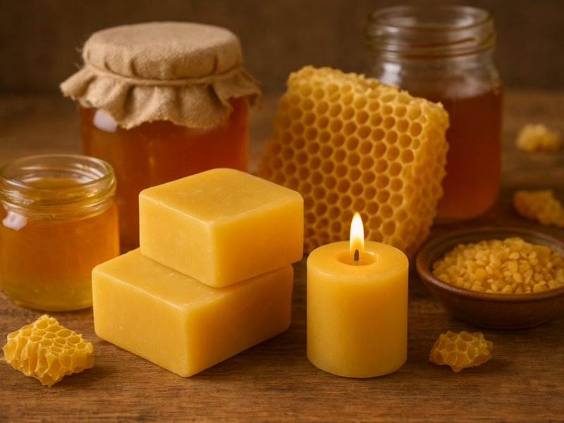 Beeswax blocks, a lit beeswax candle, jars of honey, and honeycomb pieces arranged on a rustic wooden table in warm natural sunlight.