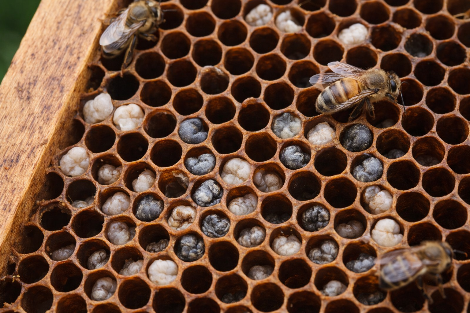 Close-up of a bee brood frame showing hard, chalky white mummies characteristic of Chalkbrood Disease infection.
