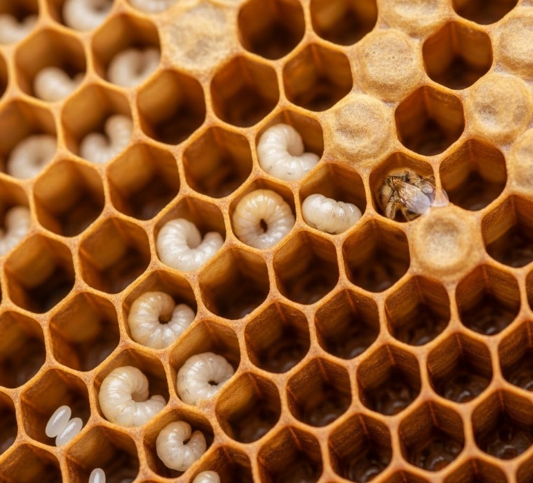 Detailed macro view illustrating the early life stages of worker bees within a honeycomb, showing eggs, larvae, and capped pupae in their development cells.