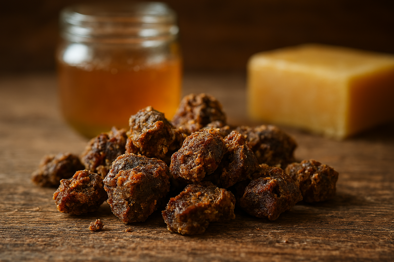 Natural raw propolis chunks on a wooden table with honey and beeswax in the background showing propolis health benefits.
