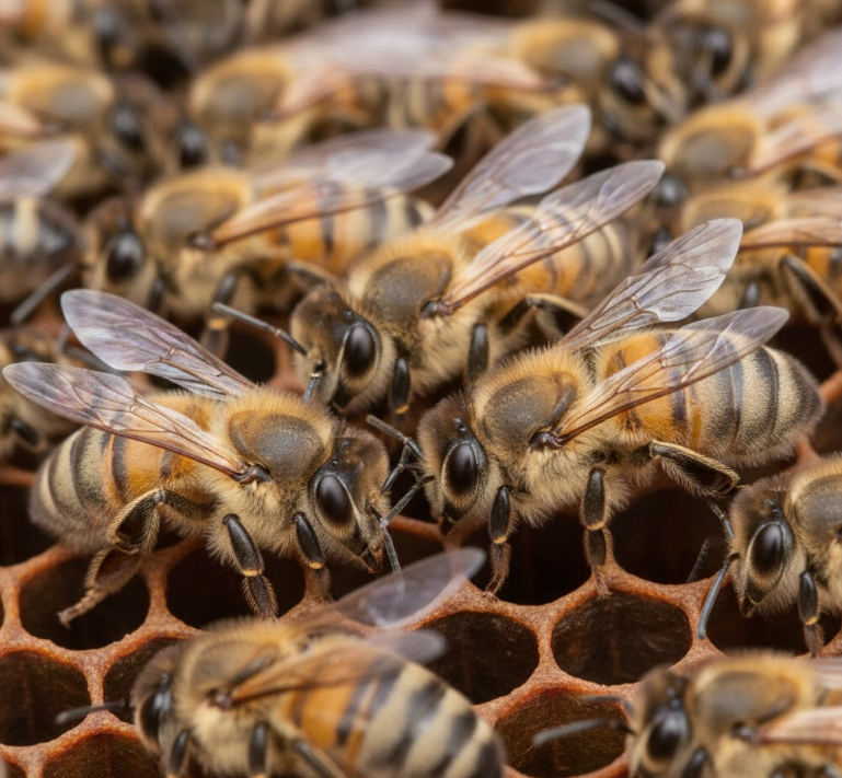 Macro photograph of male honey bees (drones) resting on brood comb inside a beehive, clearly illustrating the role of drones in a beehive and their presence near developing brood.