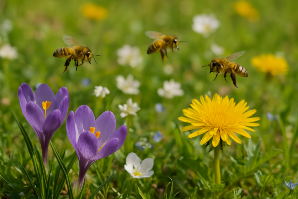 Spring flowers such as crocus, dandelion, and early wildflowers blooming with bees foraging.
