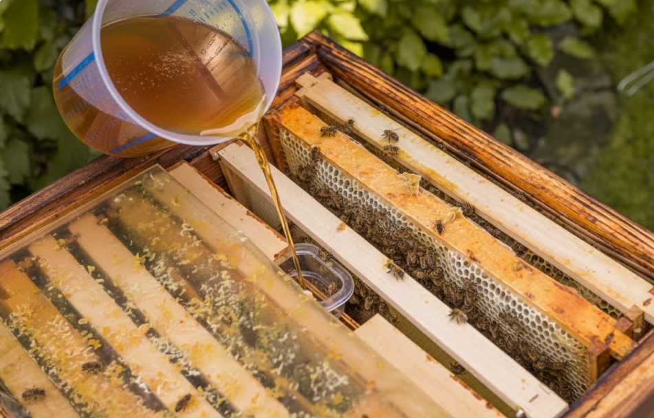 Close-up shot of a beekeeper's gloved hand pouring thick, golden-brown 2:1 sugar syrup into a hive-top feeder, demonstrating the essential practice of **Feeding Bees** for winter preparation.