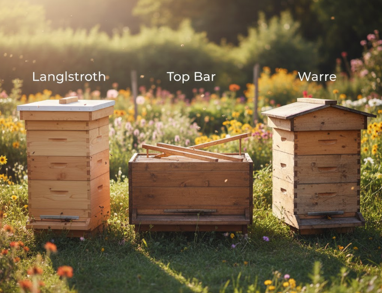 A side-by-side comparison of a Langstroth, Top Bar, and Warre hive, helping beekeepers decide the ultimate hive type comparison: **Langstroth vs Top Bar Hive**.