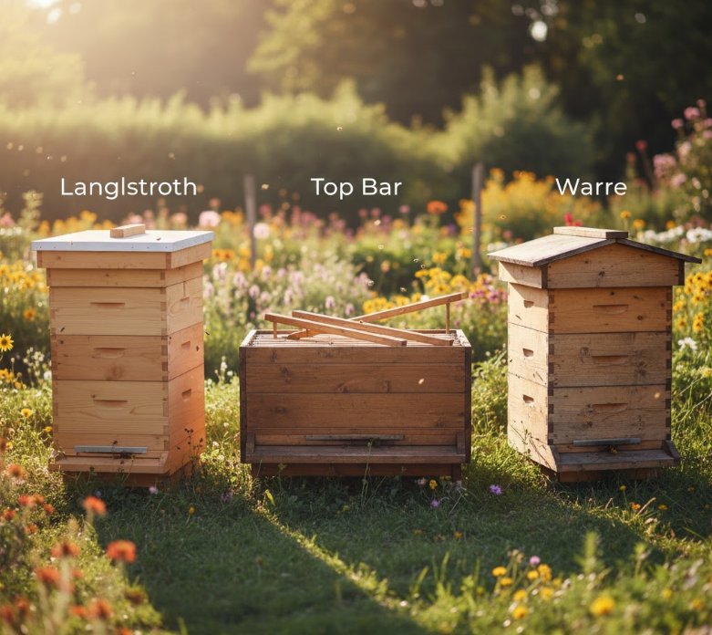 A side-by-side comparison of a Langstroth, Top Bar, and Warre hive, helping beekeepers decide the ultimate hive type comparison: **Langstroth vs Top Bar Hive**.