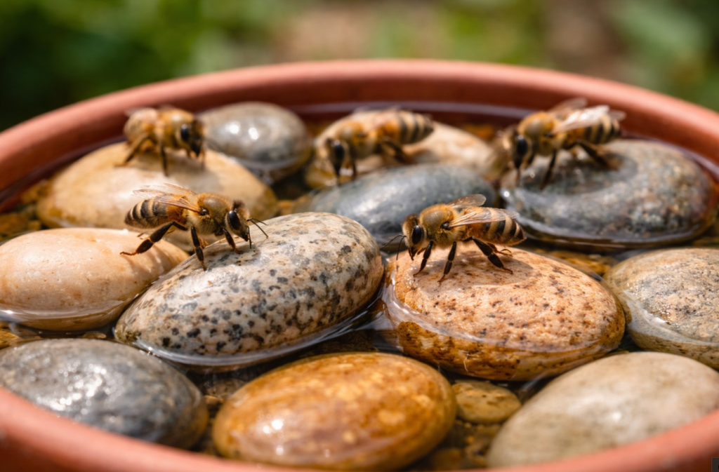 River stones and pebbles arranged in a shallow dish to prevent bees from drowning.