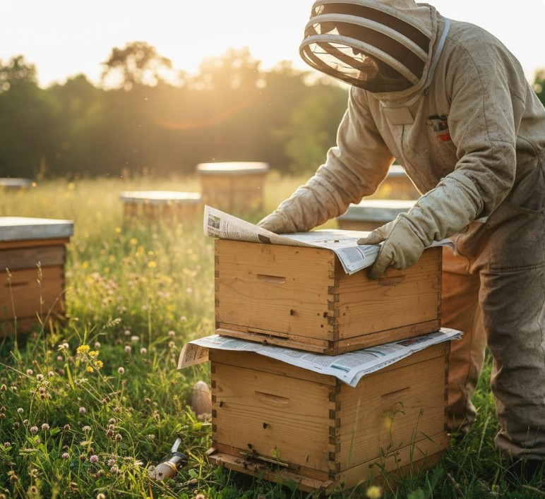 Newspaper method for combining bee colonies in spring